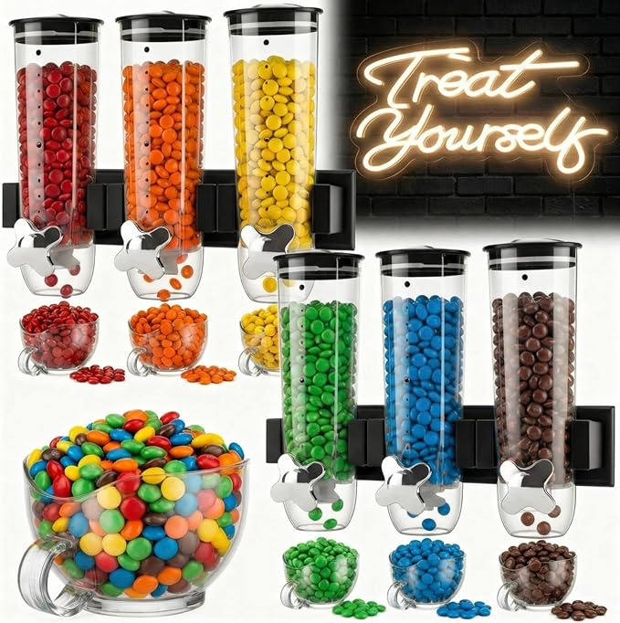 Lounsweer 6 Pcs Wall Mounted Cereal Dispenser with 1pcs Treat Yourself Neon Signs 9 L Candy Machine Grain Dispenser Neon Snack Sign Wall Mount for Home Kitchen Food Store Birthday Gift Party Decor