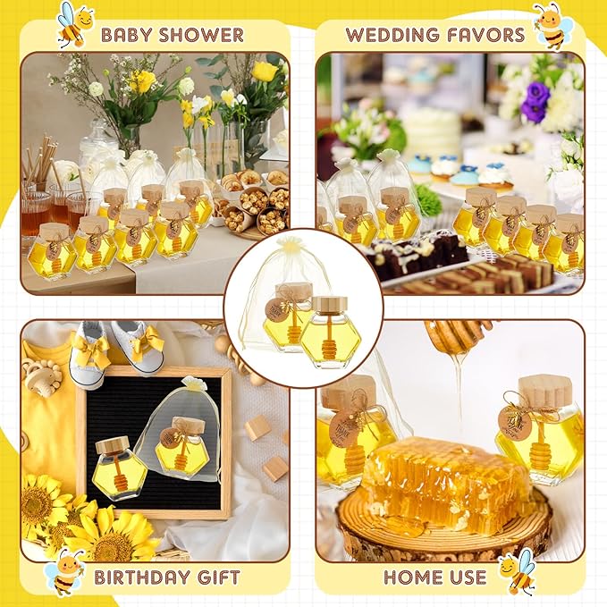 Pickmesh 12 Pcs Hexagonal Glass Honey Jars with Spoon, 3.38 oz Honey Dispenser with Wooden Spoon Bee Charm Thank You Card Organza Bag Mini glass Jars for Baby Shower Wedding Party Favor Decorations