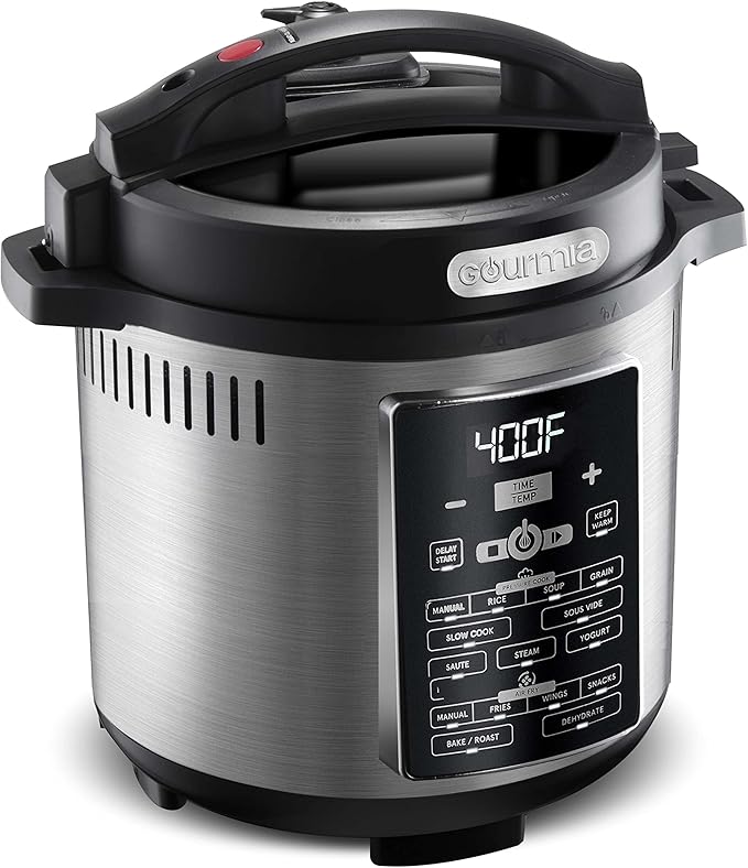 Gourmia GPA2060 One-Lid Pressure Cooker + Air Fryer With 15 One-Touch Cooking Functions - 6-Quart Nonstick Cooking Pot, Air Fry Basket, Multi-purpose Rack, Measuring Cup