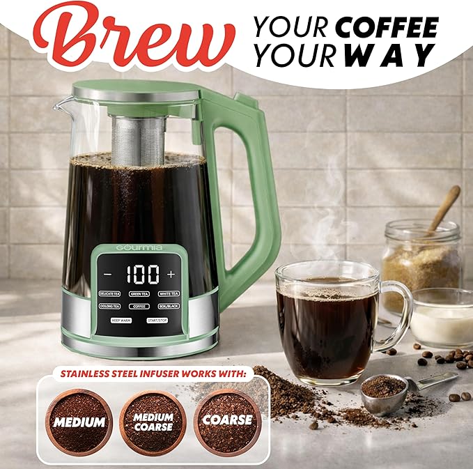 Gourmia Electric Glass Kettle – 1.7L Programmable Tea & Coffee Brewer with Digital Touch Display, 6 Presets, Removable Stainless Steel Infuser, Cordless with 360° Swivel Base, Green