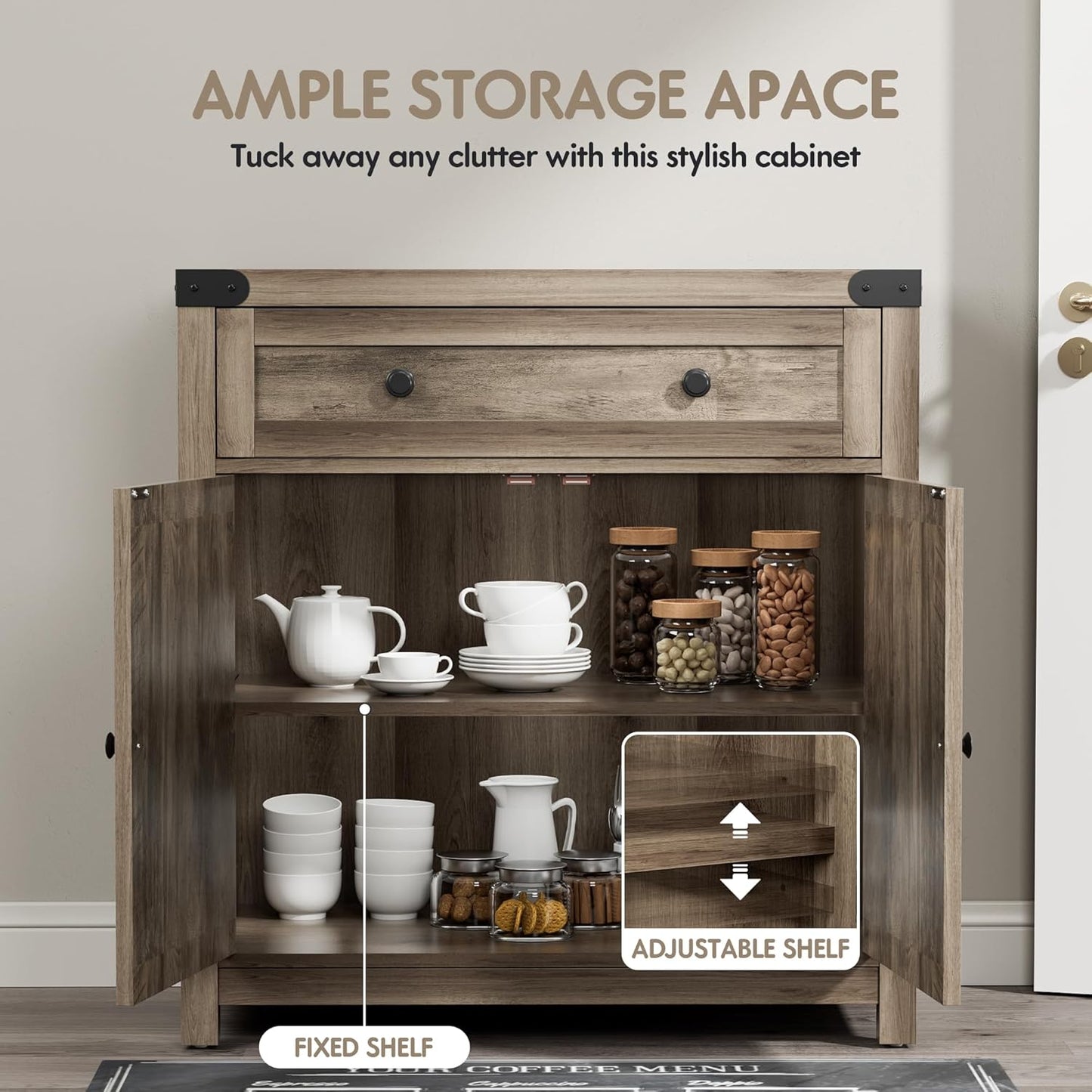 YESHOMY Farmhouse Coffee Bar Cabinet Sideboards, with Barn Doors, Spacious Drawer, Adjustable Interior Shelf, Generous Top Surface, for Kitchen, Bathroom, Entryway, Living Room, Pure Rustic