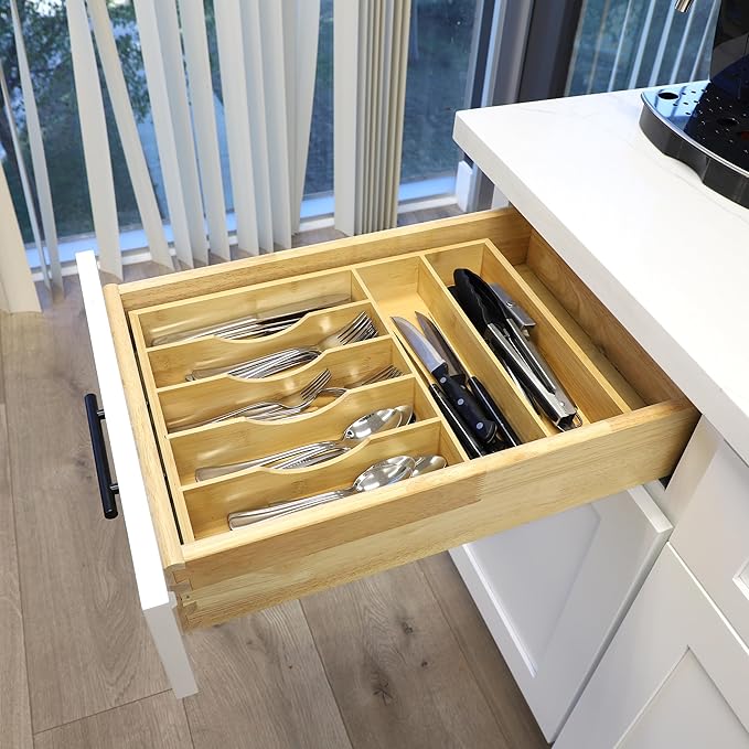 Elama 7 Section Bamboo Wood Drawer Organizer Tray, Utensil Storage, Desk Drawer Storage (7 Section Tray)