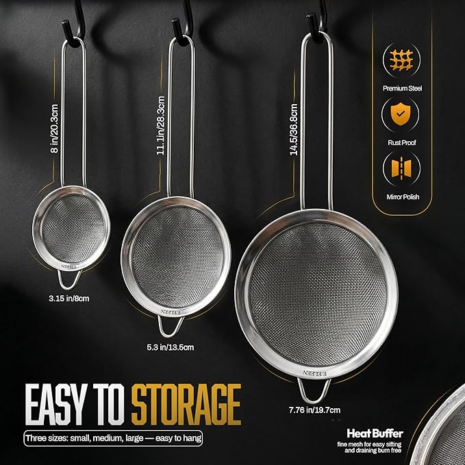 ELEEN Premium Stainless Steel Fine Mesh Strainers for Kitchen 3-Piece Set with Non-Slip Handle, Small, Medium & Large Sieves, Colanders and Sifter for Sifting, Straining, Pastas Tea, Rice Vegetables
