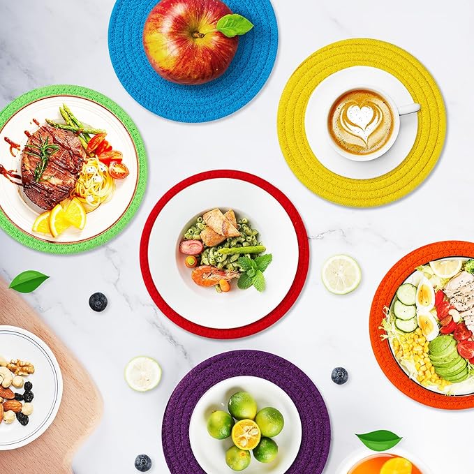 Trivets for Hot Dishes, Pots and Pans, 8 Inches Hot Pads 6 Pcs, Pot Holders for Kitchen, Heat Resistant Mat Protect Counter, Coasters Set Home Essentials Farmhouse Decor (Rainbow)
