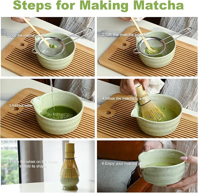Green Matcha Whisk Making Set - Japanese Tea Kit with Whisk Bowl and Bamboo Scoop Ceramic Chawan with Spout for Traditional Tea Ceremony Complete Matcha Making Tools Gift for Tea Lovers (Green, 5 PCS)