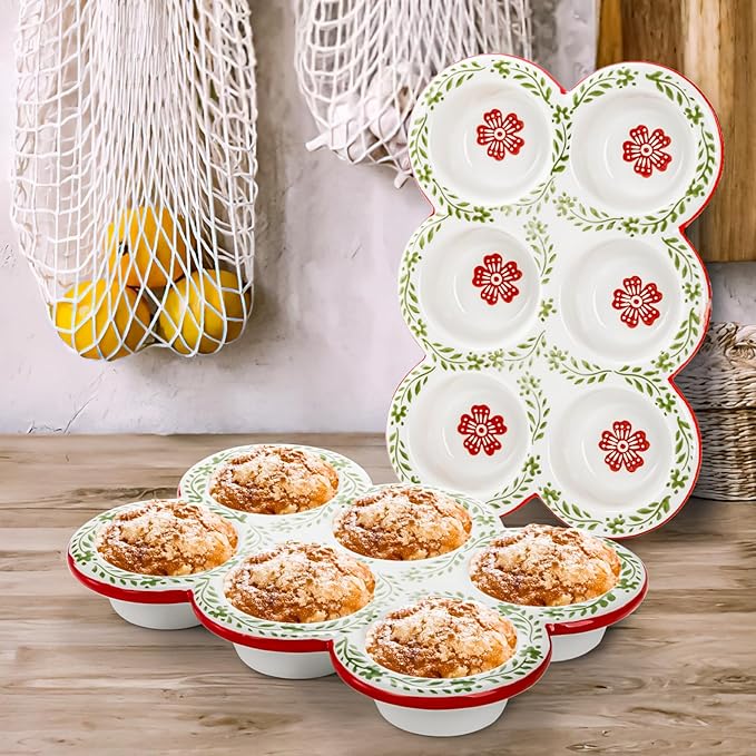Hiceeden 2 Pack Ceramic Muffin Pans, 6 Cup Non-Stick Muffin Tin Cupcake Pan, Floral Baking Pans with Red Rim for Puddings, Muffins, Cakes, Quiches, Brownies