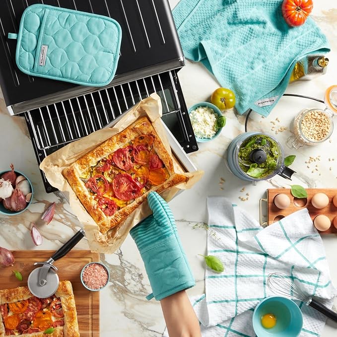 KITCHENAID Quilted Cotton Terry Cloth Oven Mitt, Pot Holder, Kitchen Towel 4-Pack Set, Heat Resistant, Silicone Grip, 16"x26", 7"x13" & 7"x10", Aqua Sky