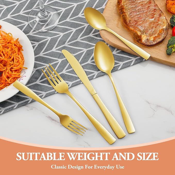 40 Pcs Gold Silverware Set, Stainless Steel Flatware Set for 8, Food-Grade Cutlery Set, Mirror Polished Tableware Eating Utensils Set for Home Kitchen, Include Knife Fork Spoon Set, Dishwasher Safe