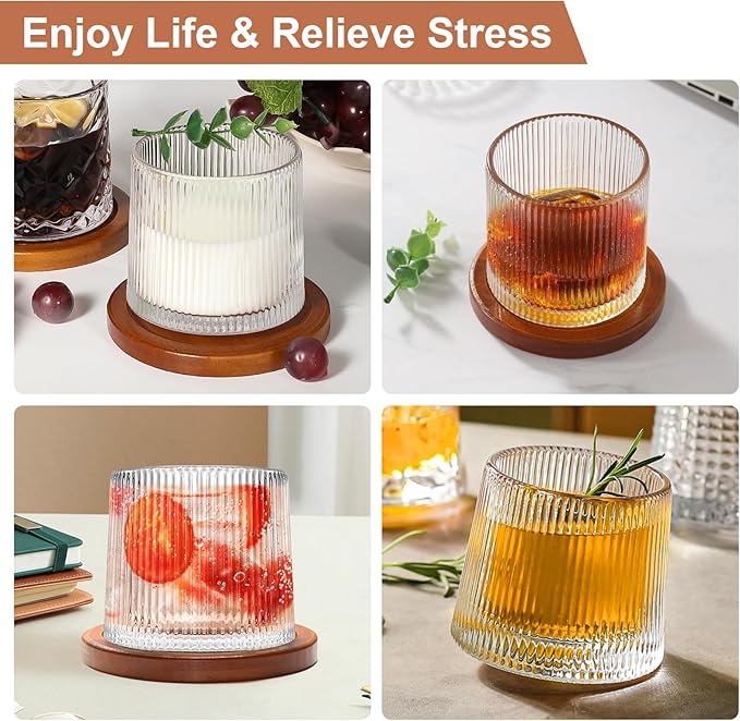 Rotatable Old Fashioned Glass Cup, 10oz/275ml Crystal Whiskey Glass, Wood Coaster, Thickening, Used as Rum Glass, Cocktail Cup, Coffee, Milk to Relax and Reduce Stress, Ideal Gift, Christmas gifts