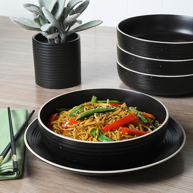 Gibson Home Dinah 16-Piece Matte Black Stoneware Dinnerware Set – Double Bowl, Embossed Speckled Design, Durable Kitchen Dinner Set