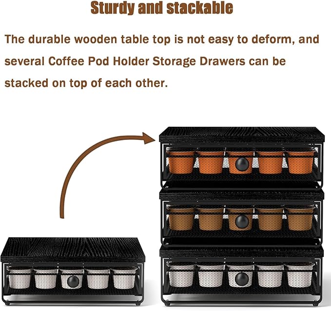 Sedegn Coffee Pod Holder Counter Coffee Vertuo Capsules Storage Organizer with Sliding Drawer Compatible For 35 K-Cup Pods No Assembly Needed Black
