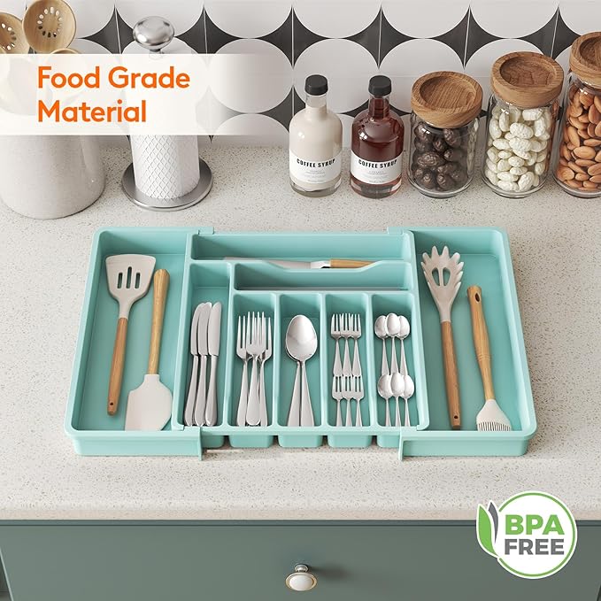 Lifewit Utensil Organizer for Kitchen Drawer, Expandable Cooking Silverware Tray, Adjustable Cutlery Flatware Holder, Plastic Spatula Tools Storage Divider, 13-22.4 x 15", Turquoise