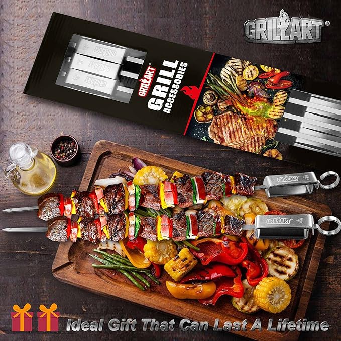 GRILLART Kabob Skewers for Grilling - Metal Skewer for Kabobs with Slider - Flat BBQ Skewer Stainless Steel - 17" Shish Kabob Grill Skewers & Ideal Kabob Sticks for Meat Shrimp Chicken Veggie (10PCS)