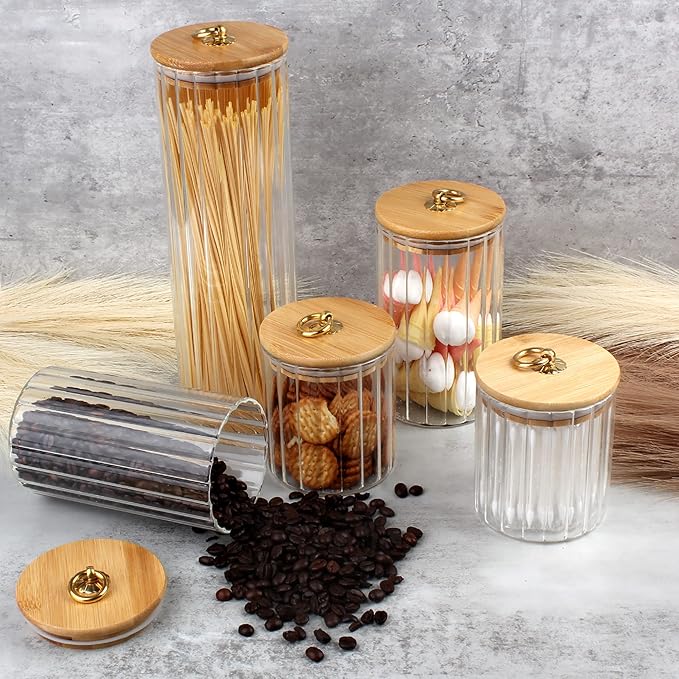 FANTESTICRYAN Glass Storage Jars Set of 5, Decorative Coffee Bar Container with Airtight Bamboo Lid Metal Ring for Home Kitchen Storing Candy, Cookie, Pasta, Nuts, Oatmeal and Bathroom Salt