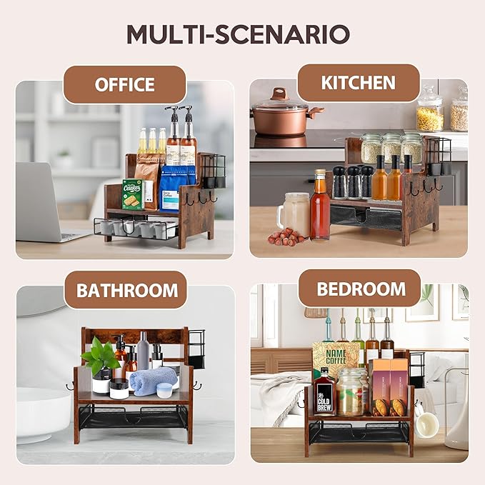 3-Tier Coffee Station Organizer for Countertop, Wood Coffee Bar Organizer with Drawer, Rustic Coffee and Tea Condiment Organizer, K-Cups Coffee Corner Organizer with 6 Hooks for Coffee Bar Accessories