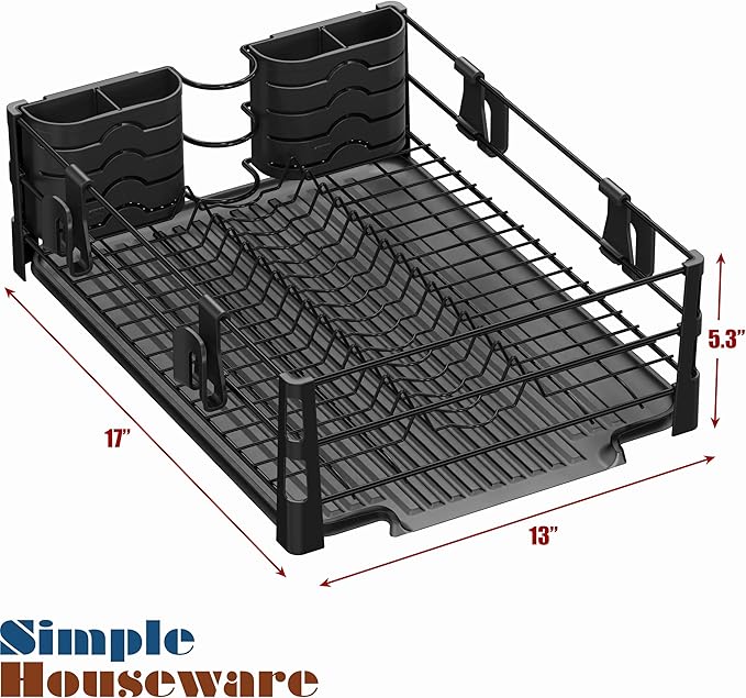 Simple Houseware Dish Drying Rack with Drainboard, Utensil Holder & Mug Hooks, Black Metal Kitchen Counter Organizer