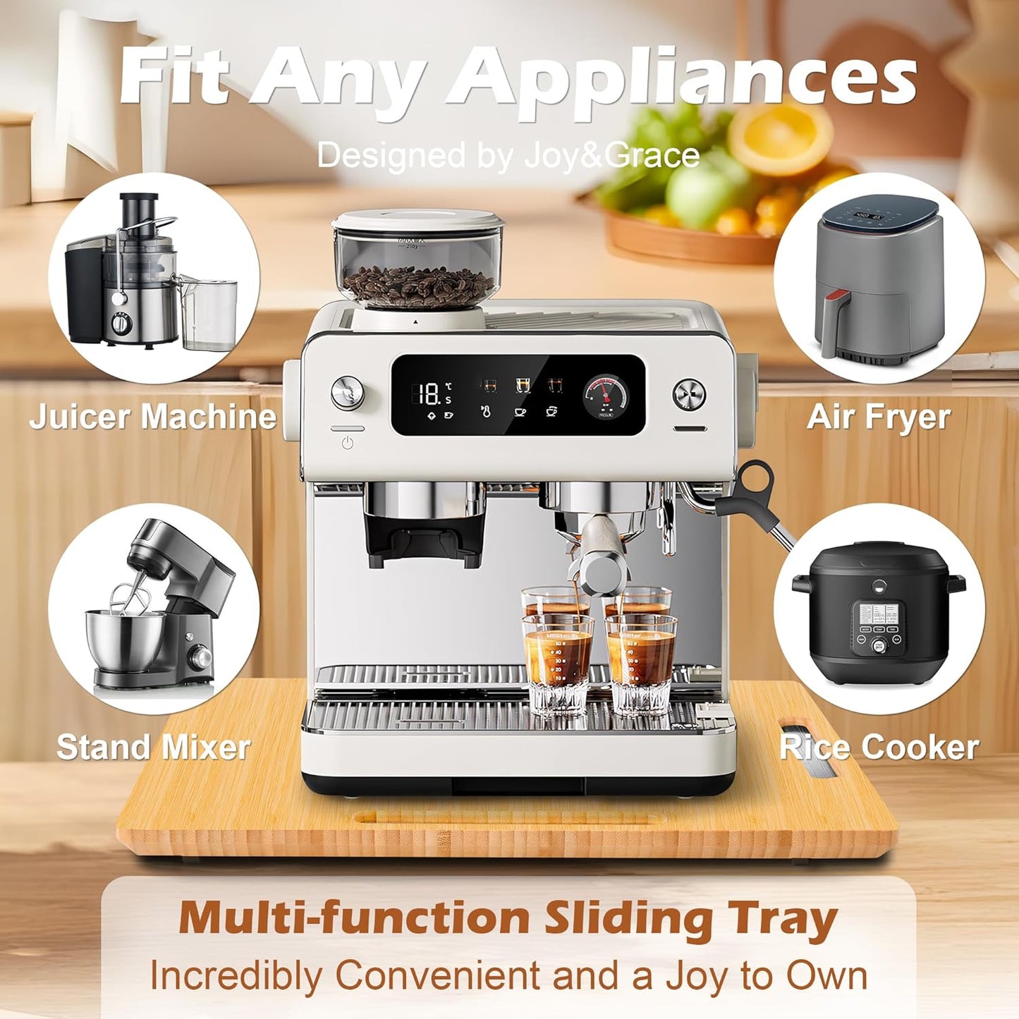 Joy&Grace Appliance Slider for Kitchen Appliances 360° Rolling Sliding Tray for Coffee Maker Countertop, Bamboo Coffee Pot Slider Rolling Tray (Natural, Large 16"x13")