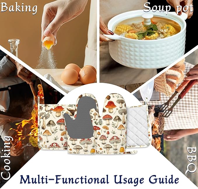 Mushroom Potholders & Oven Mitts Sets Funny Wildflowers Herb Silicone Heat Resistant Oven Mits and Hot Pads Non-Slip Pot Holders Gloves for Kitchen Chef Cooking Baking Grilling BBQ