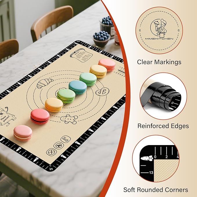 Silicone Baking Mat with Recipes, Silicone Mat for Baking Macaron, Bread, Pizza, Surdough, Silicone Baking Mat with Measurement, Non Stick Pastry Mat for Dough Rolling