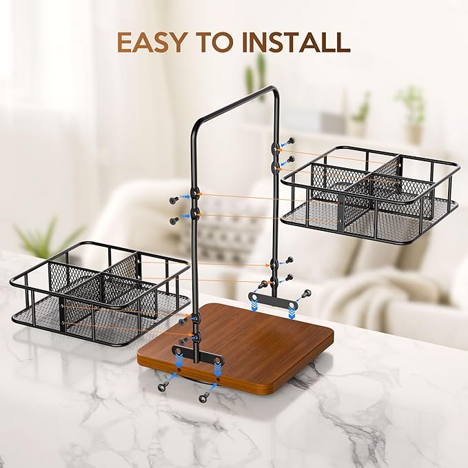 Rotating Tea Bag Organizer – 2 Tier 8 Basket 360° Spinning Teabag Holder Organizer, Acacia Wood Iron Countertop Tea Accessories Rack Holds 100+ Tea Bags, Decorative Kitchen, Coffee Bar Organizer Gift