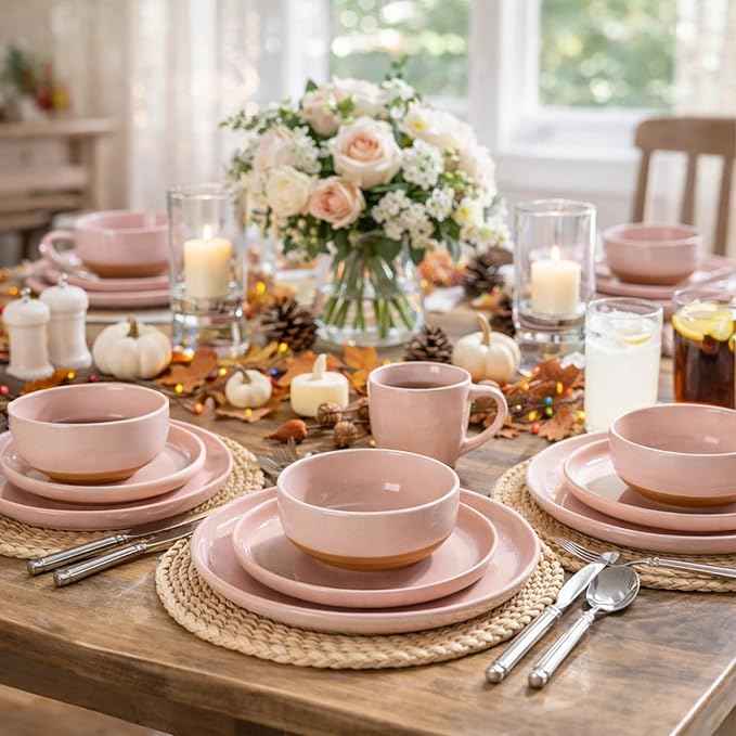 AmorArc Ceramic Dinnerware Sets for 4, 12 Pieces Handpainted Plates and Bowls Set with Rustic Terracotta Underside, Scratch Resistant Stoneware Dishes Set, Dishwasher & Microwave Safe, Cloud Pink