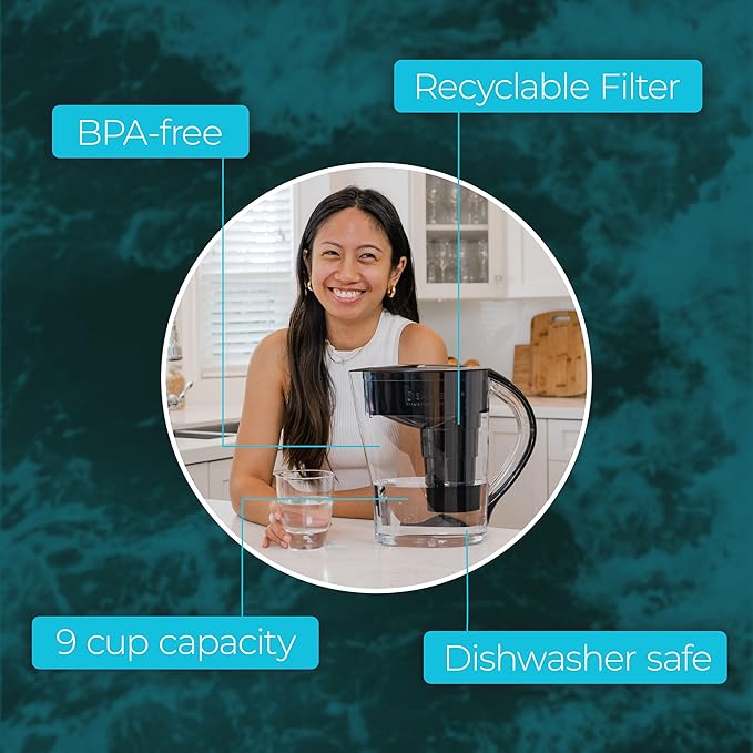 Santevia MINA Alkaline Pitcher | 9-Cup at Water Filter System That Adds Minerals and Makes Alkaline Water | Fluoride, Chlorine and Lead Water Filter | American Filtration Media