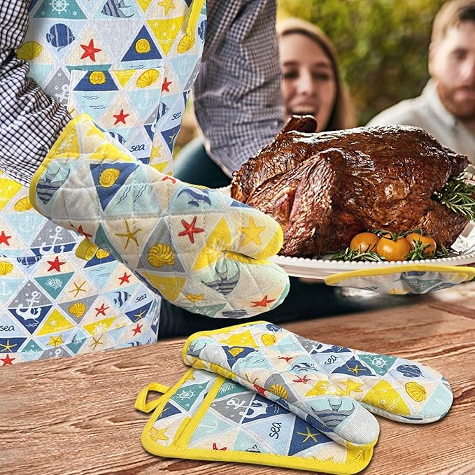 Alselo Oven Mitts and Pot Holders with Chef Apron,Set of 5 Heat Resistant Kitchen Gloves and Silicone Non-Slip Potholders Adjustable Neck Buckle Apron, Cotton Nice Design for Cooking (Sea Fish)
