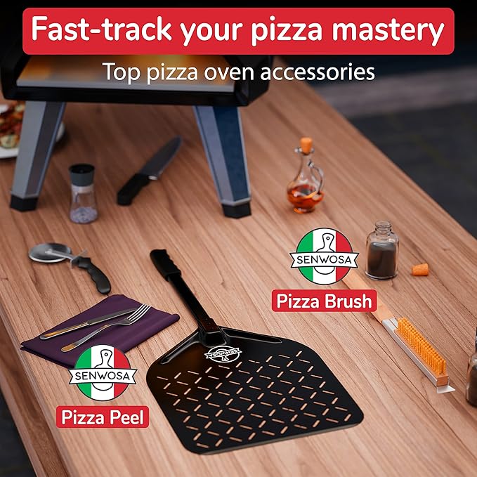 Senwosa 22” Pizza Oven Brush with Stone Scraper - Heat Resistant Stainless Steel Bristles, Long Handle - Compatible with Ooni, Gozney & Similar Ovens