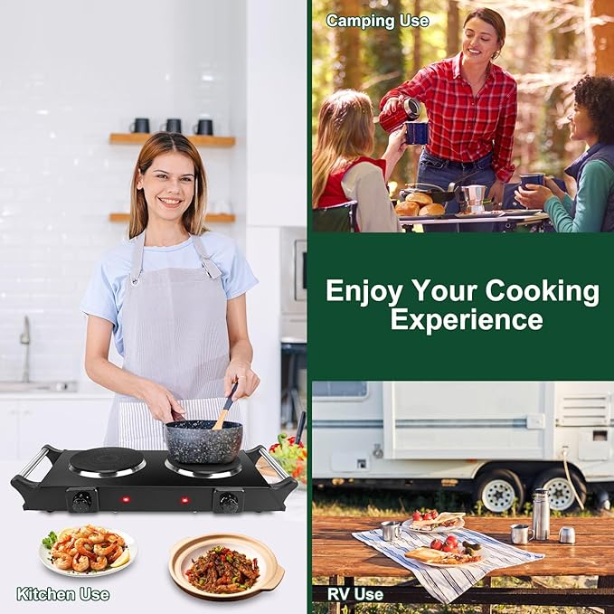 Electric Countertop Double Burner, 2000W Cooktop with Cast Iron Hot Plate & Stay Cool Handles, 5 Level Temperature Control, Easy to Clean, Indicator Lights, Cooking Stove for Office Home Camping RV