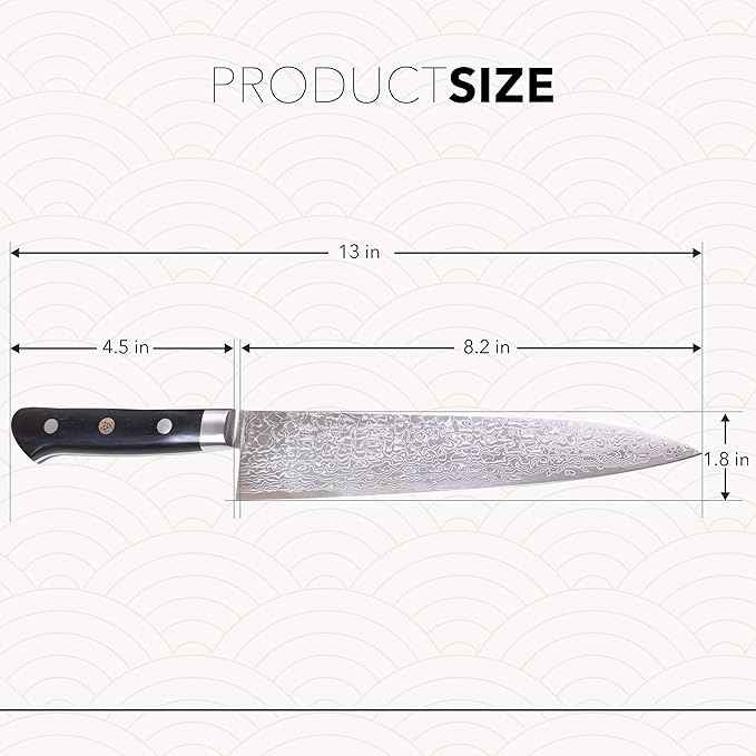 Kagayaki Japanese Chef’s Knife, KGRP-3 Professional Gyuto Knife, Polished Patterned Damascus Stainless Steel with Ergonomic Black Pakka Wood Handle, 8.2 inch