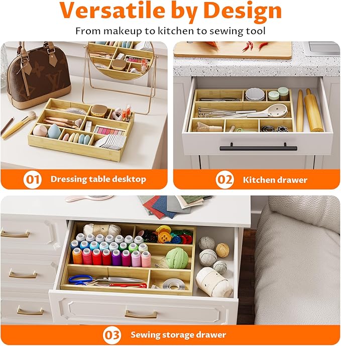 Bamboo Drawer Organizer with 9 Adjustable Compartments, Office Desk Organization Tray for Office Utensils, Supplies, Makeup, Jewelry, and More – Ideal for Desk or Drawer Storage