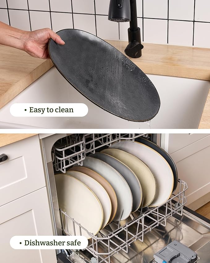famiware Serving Platter, Oval 15.59/14.3/12.9inch Serving Dishes for Entertaining, Serving Bowls, Dishwasher Safe, Stoneware Serving Trays for Party, Food, Turkey, Reactive Glaze, Matte Dark Charcoal