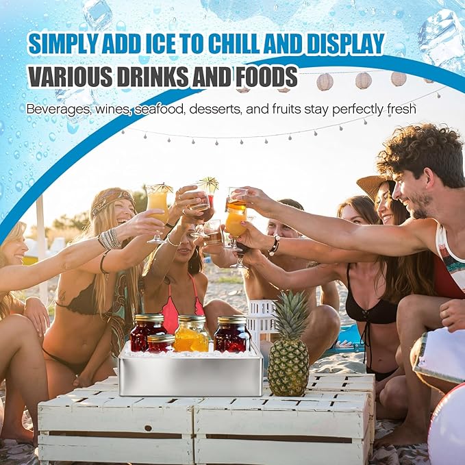 Ice Housing Bin with Removable Tray Ice Holder Container Wine Beer Champagne Drink Bucket Beverage Tub for Freezer Display Buffet Bar Counter Party Drink Chiller(Stainless Steel,21" X 13" X 5.5")