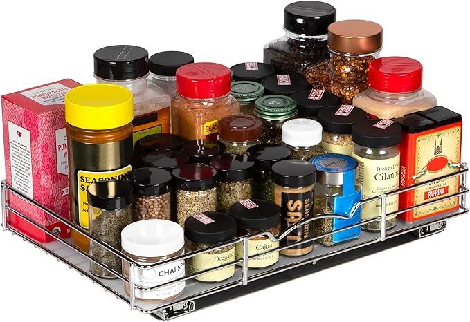 Pull-Out Cabinet Spice Rack Organizer - Slim Slide-Out Storage for Spices, Bottles & Jars, Premium Heavy-Duty Steel, Easy Install for Narrow Kitchen Cabinet - 16 ⅜ W x 10 ½ D x 2 ¾ H, Chrome
