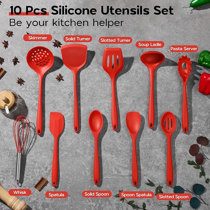 Onader 10 Pieces Cooking Utensils Set, Red Silicone Kitchen Utensils Set for Cooking, Non Toxic & Heat Resistant