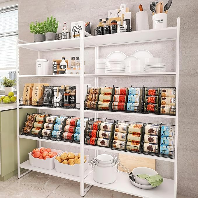 JKsmart 4 Pack Stackable Can Organizer for Pantry with Adjustable Dividers, Soda Can Organizer, Can Storage Dispenser Holds up to 56 Cans, Metal Wire Baskets Can Holder for Kitchen Cabinet Pantry