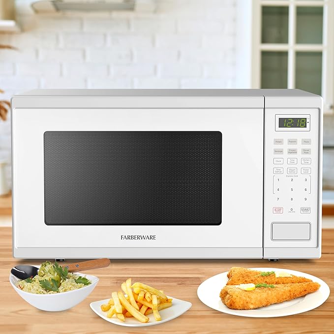 Farberware 1.1 Cu. Ft. Countertop Microwave Oven – 1000 Watts Power, Auto Cook Settings, Defrost, Easy Clean and Child Safety Lock - White