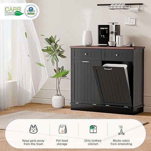 Betterhood Double Tilt Out Trash Cabinet with Power Outlet, 10 Gallon Trash Cabinet with Storage,Pet Proof Trash Can with 2 AC & USB Sockets for Kitchen,Living Room (Black, Double Door)