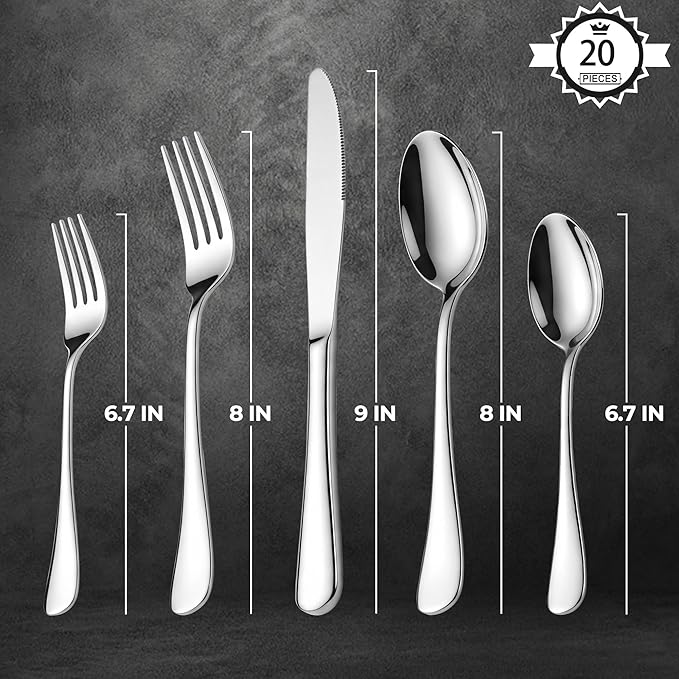 LIANYU 20 Piece Silverware Flatware Cutlery Set, Stainless Steel Utensils Service for 4, Include Knife Fork Spoon, Mirror Polished, Dishwasher Safe