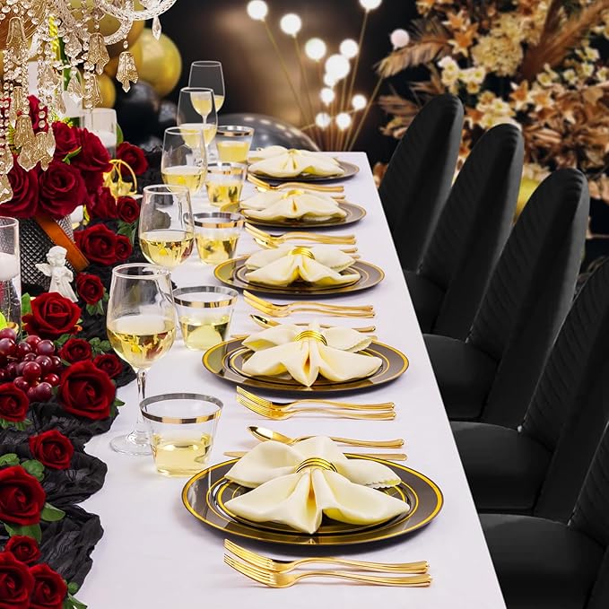 bUCLA 300PCS Black and Gold Disposable Dinnerware Set - 50 Guests Black Plastic Plates with Gold Rim Include 50 Dinner / 50 Dessert Plates, 50 Forks,50 Knives,50 Spoons&50 Cups for Party&New Year