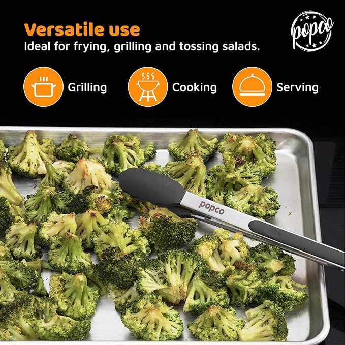 Popco 3-Piece Kitchen Tongs Set – Stainless Steel Heat Resistant Silicone Tips, Strong Comfort Grip, 3 Sizes (7, 9, 12 Inch), Non-Scratch, Dishwasher Safe, for Cooking, BBQ, Salad