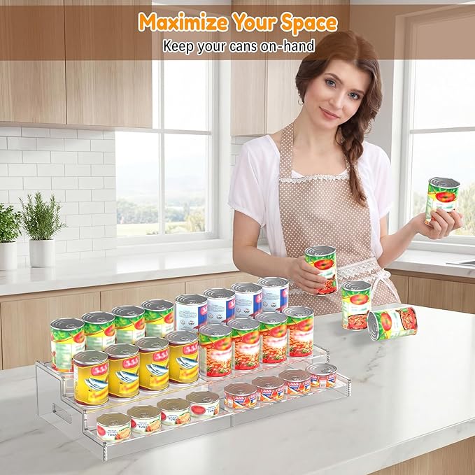Yecuip Expandable Can Rack Organizer for Pantry, 3-Tier Adjustable Acrylic Can Storage Holder, Holds Up to 24 Cans, Canned Food Organizer for Cabinet, Countertop, Kitchen
