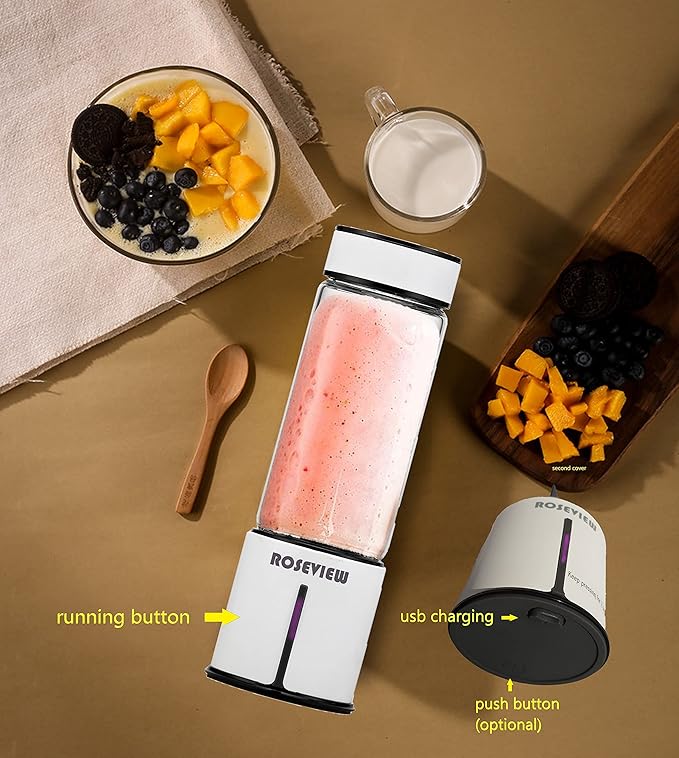 Portable Smoothie Blender ROSEVIEW Glass Cordless Mini Shakes Cup blend for smoothies USB rechargeable juicer 2 battery Handheld Personal travel Jet mixer (Black Steel) (White)