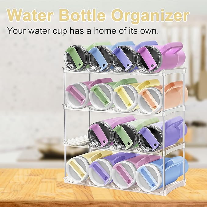 Water Bottle Organizer - Stackable Water Bottle Holder for Cabinet, Large Compartment Tumbler Organizer Wine Racks, Kitchen Organization and Storage for Stanley Cup Holder, 4 Tier Hold 16