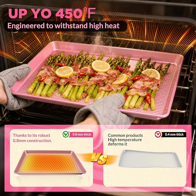 Professional Non-Stick Baking Sheets Set, 3-Piece Heavy Duty Carbon Steel Cookie Sheets with Oven Safe & Even Heating for Baking, Roasting, Cooking (Pink)