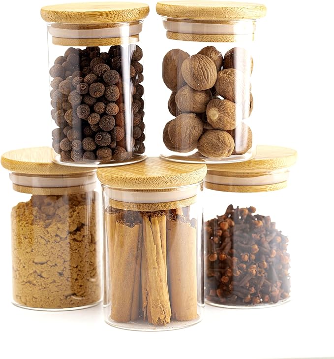 SHOWIN 8oz Glass Food Storage Jars, Glass Jars with Bamboo Lids, Kitchen Storage Jars, Set of 12, Canisters with Airtight Lids for Spice, Coffee, Cookie, Pantry Organizers