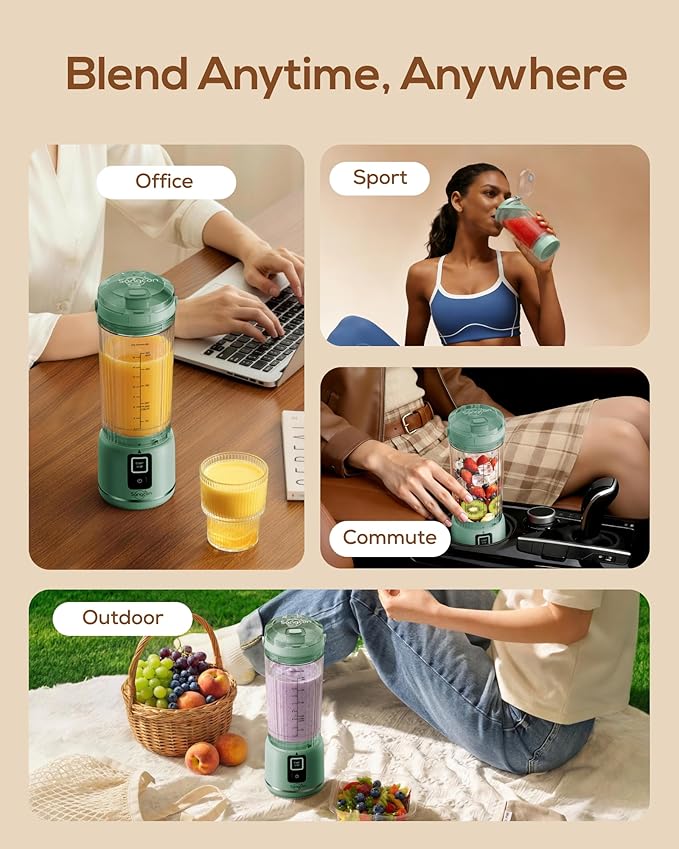 Sangcon Personal Portable Blender for Shakes & Smoothies, 6000mAh Cordless USB-C Rechargeable Blender with 2 Blend Modes, Leakproof Travel Lid, Dishwasher Safe, Ideal for Gym Office Kitchen, BPA-Free