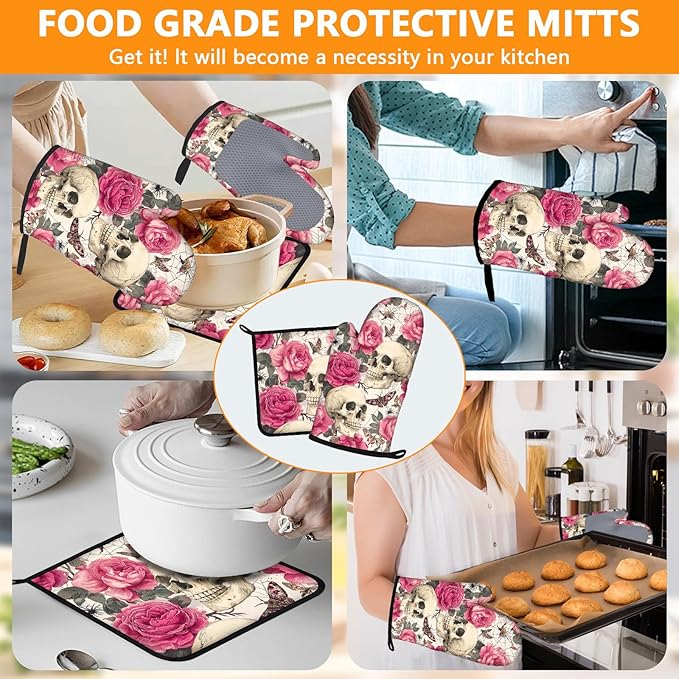 Skull Rose Oven Mitts and Pot Holders Sets 4Pcs Silicone Non-Slip Mitts Heat Resistant Gloves Hot Pads for Kitchen Cooking Baking Grilling BBQ