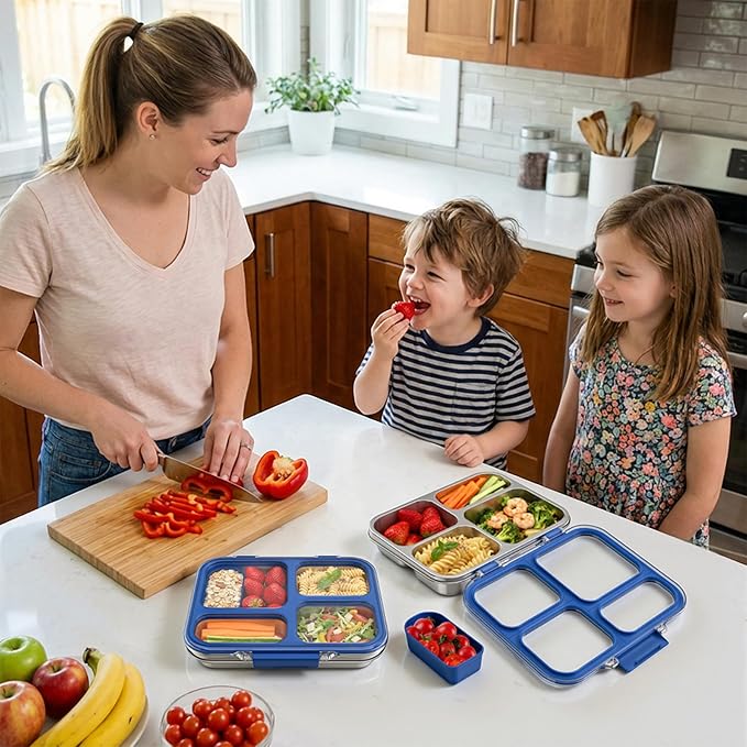 Stainless Steel Bento Box for Kids with Silicone Container, 4 Compartment Metal Lunch Box Kids Adults, Removable Silicone Seal & Clear Lid, Leak Proof Food Storage Container for Meal(Blue)