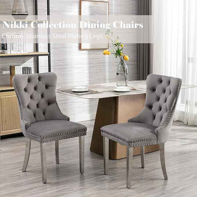 Velvet Dining Chairs Set of 2, Upholstered Dining Room Chairs with Back Ring Pull Trim and Sliver Stainless Steel Legs,Tufted Wingback Chair Perfect for Dining Room,Kitchen(Grey)